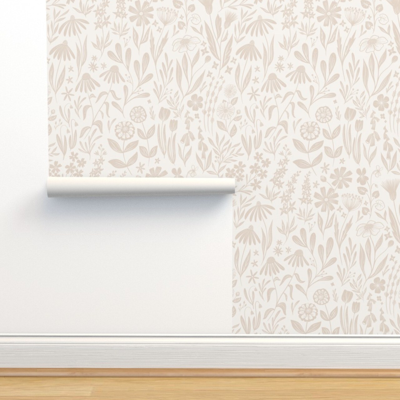Flowers Cream Tan Nude Medium Scale Subtle Floral Wildflowers Botanical Custom Removable Wallpaper by Spoonflower Peel & Stick Wallpaper 2FT Wide